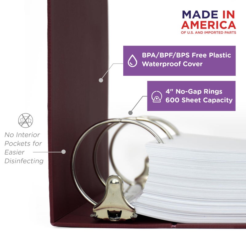 Carstens 4-Inch Heavy Duty 3-Ring Binder - Side Opening, Wine, Durable Plastic, Precision No-Gap Rings, Waterproof Cover, No Pockets, Holds 600 US Letter Sheets, BPA-Free, Made in USA (1843-3R) - Image 2